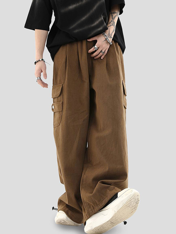 Pantalones cargo con pies atados y bolsillo grande marrón vintage para hombre-2