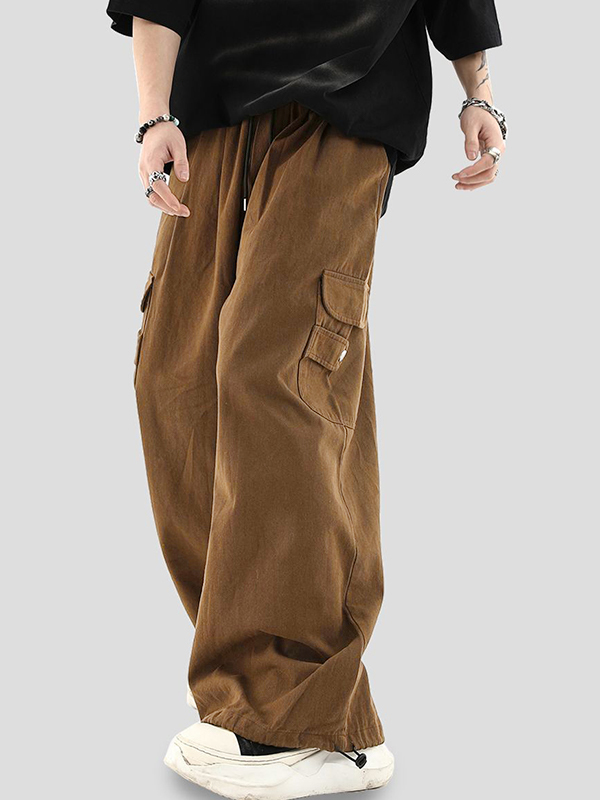Pantalones cargo con pies atados y bolsillo grande marrón vintage para hombre-1