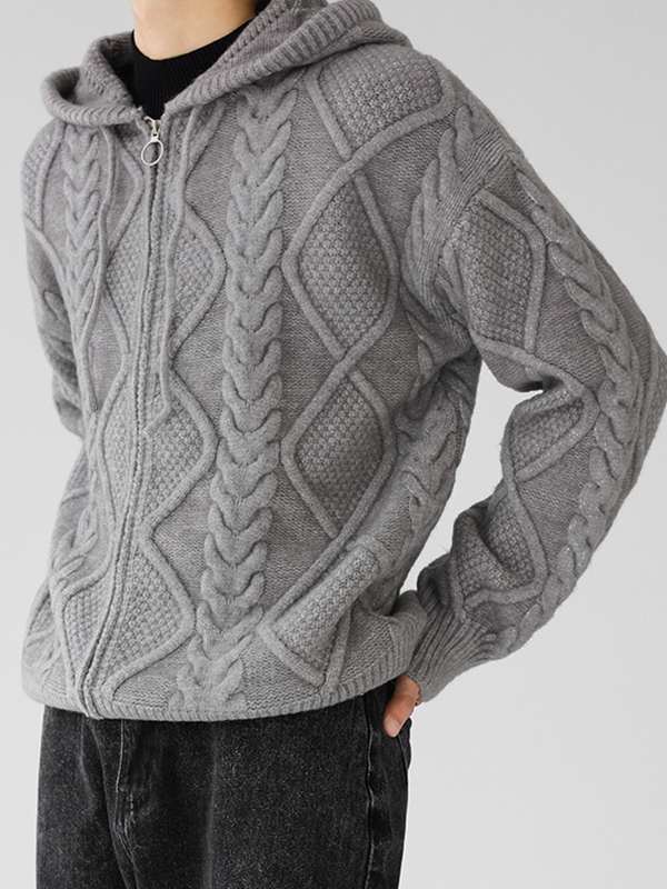 Sudadera con capucha extragrande de punto trenzado liso con cremallera para hombre-1