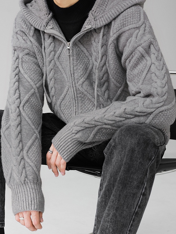 Sudadera con capucha extragrande de punto trenzado liso con cremallera para hombre-4