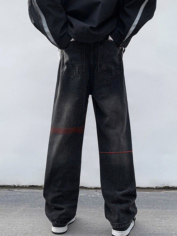 Jeans rectos desgastados cosidos para hombre-1