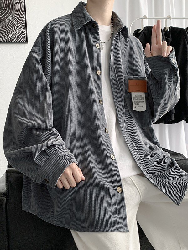 Camisa de manga larga de pana con detalle de parche para hombre-1